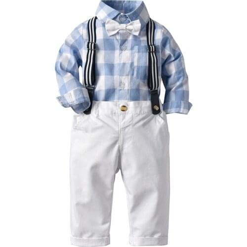 Plaid Shirt Suit for Kid Boy Wedding Clothes Long Children Costume Boys Autumn Suit Infant Kids Clothing Set
