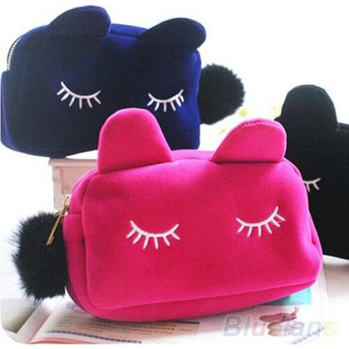 Cartoon Cat Black Makeup Bags Case Box with Zipper Cosmetic School Stationery Velour Pouch Purse Travel Make Up Bag