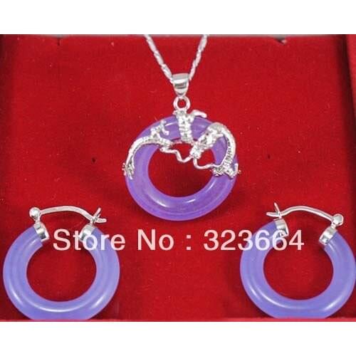 Beautiful Set Pretty purple dragon pendant necklace earrings