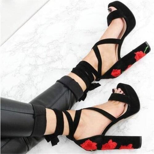 Summer Ladies Red Rose Embroidery Black Suede Leather Chunky Super Heels Platform Sandals Woman Open toe Leg Lace Up Dress Shoes