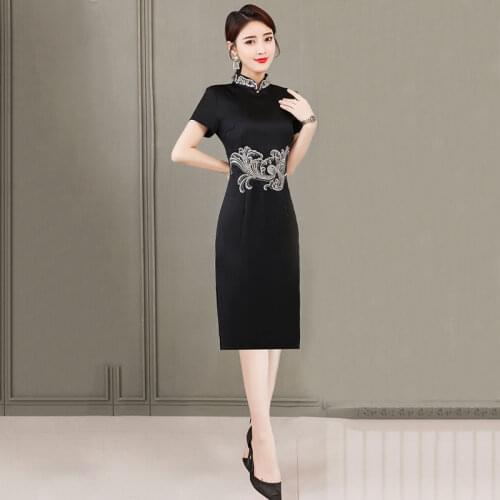 Summer 2021 China black modified cheongsam short sleeve stand collar large dress