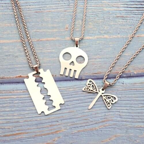 Fahion SilverColor Skeleton Skull Head Blade Butterfly Women Men Pendant Dainty Stainless Steel Chain Necklace Jewelry Gift 2019