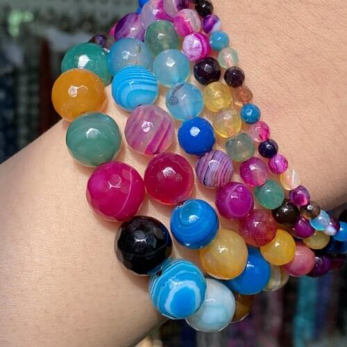 Natural Stone Faceted Multicolor Stripe Agates Round Beads For Jewelry Making Diy Bracelet Charm Accessories 4-12mm 15
