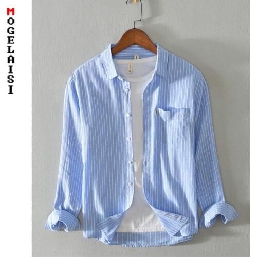 New 2020 long sleeve Striped shirt men Autumn 100% cotton Breathable and soft tops pocket blue shirt man clothing XXXL 836
