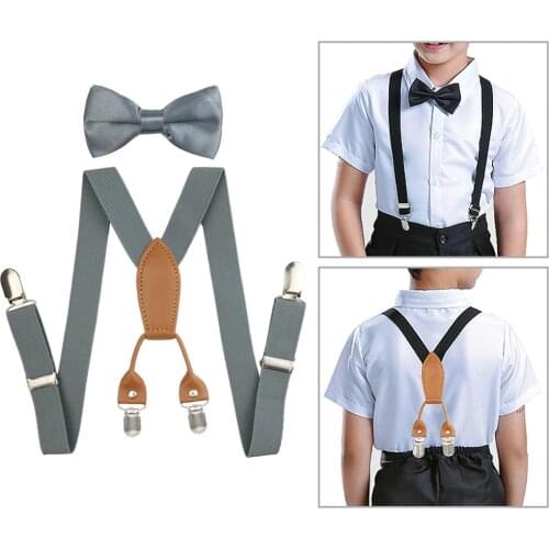 Soild Color Children Belt Bowtie Set Baby Boys Girls Suspenders 4 Clip-on Y-Back Braces Bow Tie Elastic Kids Adjustable