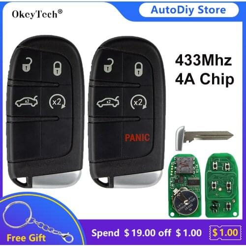 Okeytech 433Mhz Remote Control Smart Car Key Fob For Jeep Cherokee Dodge Chrysler 4A Chip 4/5 Button With Panic Insert Blade