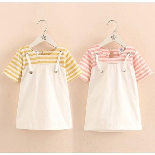 2021 Summer Little Kids Patchwork Short Sleeve Striped Fake Two Pcs Suspenders Dresses For Girls of 2 4 6 8 10 12T Years Old