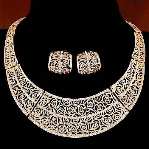 Drop Shipping Fashion Gold Silver Plated Necklace and Earring bride vintage chain Dubai Jewelry Sets For Women Wedding Gift