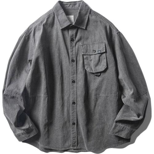 Spring Autumn Heavy Washing Work Shirt Mens Long Sleeve Korean Loose Pocket Overalls Outdoor Hiking Casual Cargo Coat Fashion