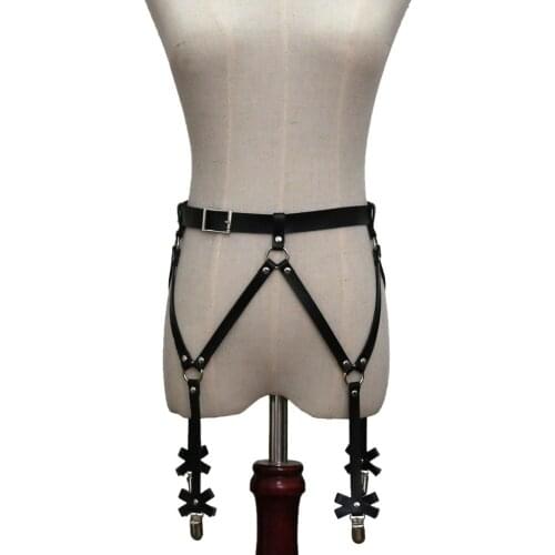 Sexy Women Men PU Waist Garter Belt for Stockings Bow Handmade Punk Costume Outfit O-Round Waist Belt With 4 Suspenders