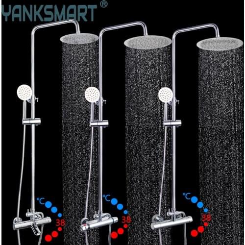 YANKSMART Thermostatic Bathroom Shower Faucet Set Wall Mounted Chrome Polished Bathtub Rainfall Shower Head Mixer Water Tap Kit