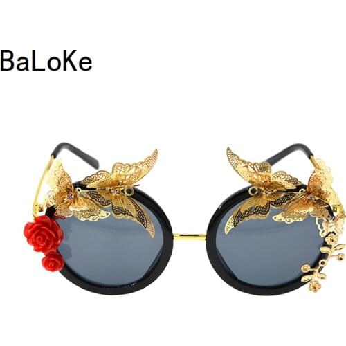 Baroque Embossed Flowers Butterfly Sunglasses Women Personalized Retro Asymmetric Round Sunglasses Charm Summer Beach Eyewear