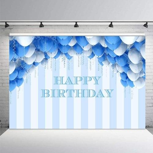 Light Blue And White Stripes Photo Background Boy Girl Happy Birthday Blue Silver Balloons Party Photography Backdrop Banner