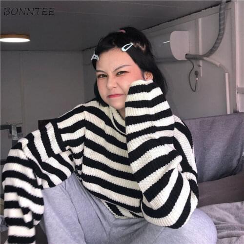 Turtleneck Sweater Women Harajuku Chic Striped Simple All-match Oversized Trendy BF Style Teens Knitwear Basic Preppy Clothing