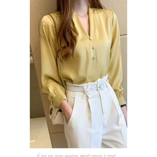 Shirt Womens Retro Style Shirt New 2021 Spring and Autumn Yellow Long Sleeve OL Shirt Summer Chiffon Tops Women Shirts Blouses