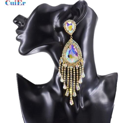 CUIER 13.8cm Crystal AB Rhinestones Long Tassel Women Earring Waterdrop Big size Wedding Jewelry Luxury Glass stone Accessories