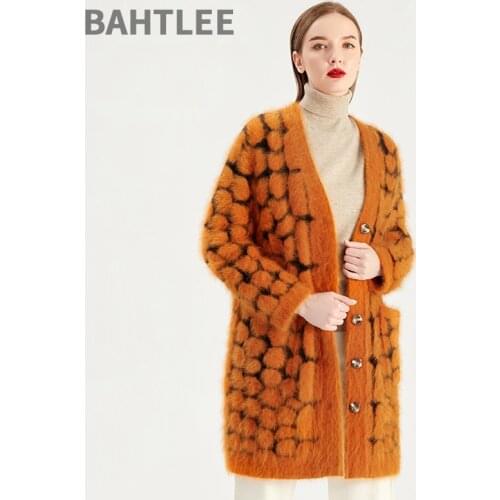 BAHTLEE Winter Womens Angora Leopard Print Cardigans Knitting Sweater Looser Keep Warm Geometric Pattern Pocket