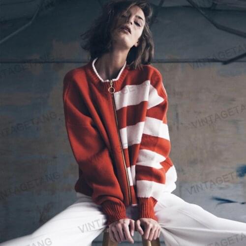 B-TOTO American Retro Red Striped Lazy Cardigan Knitted Trendy Ins Womens Jacket 2021