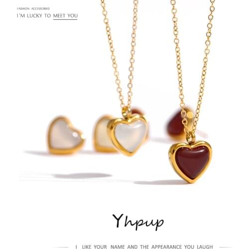 Yhpup Stainless Steel Heart Pendant Necklace Chain Jewelry Temperament Natural Stone Agate Collar Women Necklace брелок Gift