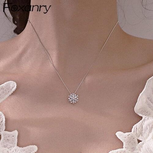 Foxanry 925 Sterling Silver Snowflake Zircon Necklace for Women New Trendy Elegant Clavicle Chain Party Jewelry Christmas Gifts