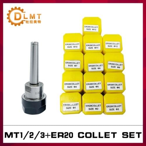 1PC MT1 MT2 MT3 ER20 Morse taper + 13PCS ER20 Spring Collet Set 1-13MM Lathe Mill Tool Holder CNC Machining Center