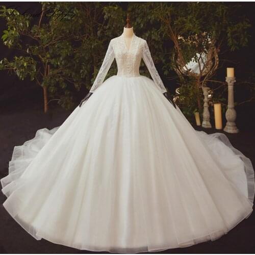 Lceland Poppy Shiny V-neck Ball Gown Tulle Wedding Dresses 2020 Full Sleeves Illusion Lace Floor Length Bridal Dress