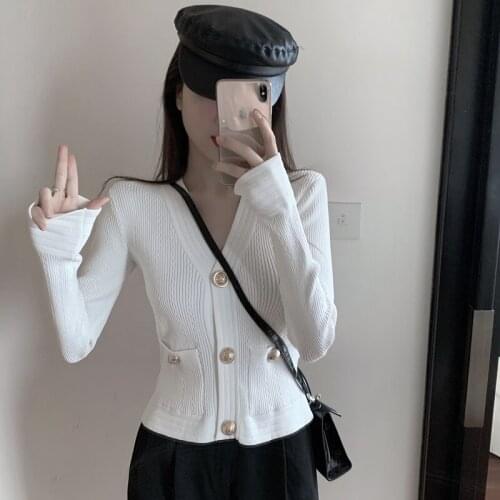 COIGARSAM Full Sleeve Shirt Womens tops Knitting V-Neck Women shirts White 2827