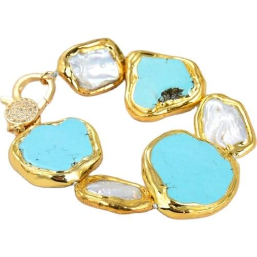 GG Jewelry Cultured White Rectangle Keshi Pearl Blue Turquoises Gold Color Plated Edge Bracelet 9" For Women Lady Jewelry