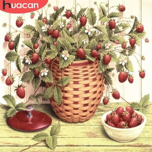 HUACAN Full Square/round Diamond Painting Fruit Strawberry Mosaic Embroidery Flower Vase Diamond Art Wall Decor