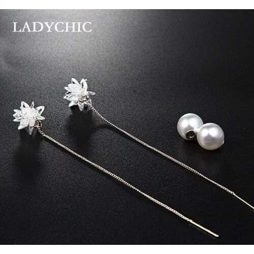LADYCHIC Romantic Snow Ice Flower Crystal Tassel Drop Earrings Women Long Chain Imitation Pearl Earring Jewelry Wholesale LE1359