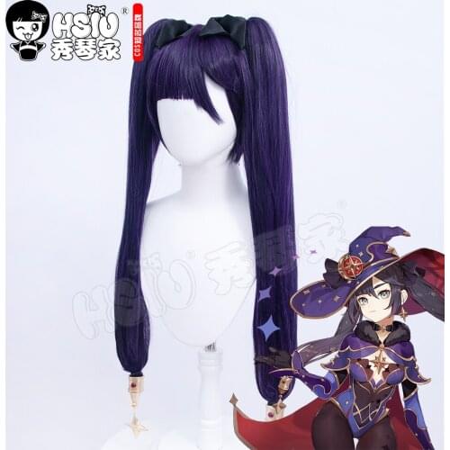 Mona cosplay Wig Genshin Impact cosplay「HSIU 」Black and purple mixed color double ponytail long hair Fiber synthetic wig
