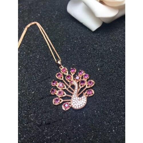 Natural red garnet stone pendant S925 silver Natural gemstone cute lovely peacock Phoenix Pendant Necklace women girl jewelry