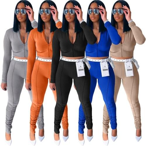 Solid Sportswear Fitness Tracksuit Women Sexy Zipper Long Sleeve Crop Top + Stacked Pants Suits Two Piece Set Jogging Femme