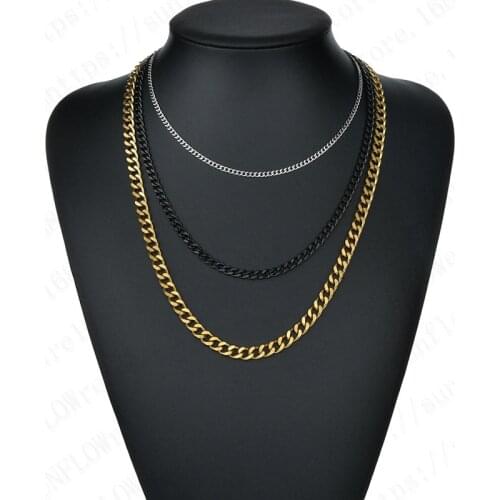 Basic Punk Stainless Steel Necklace for Men Women Curb Cuban Link Chain Chokers Vintage Black Gold Tone Solid Metal