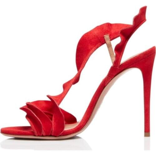 Plus Size Summer New Red Nude Suede Woman Open Toe Elastic Band Stiletto Heels Ruffles Sandals Elegant Party Wedding Shoes Lady