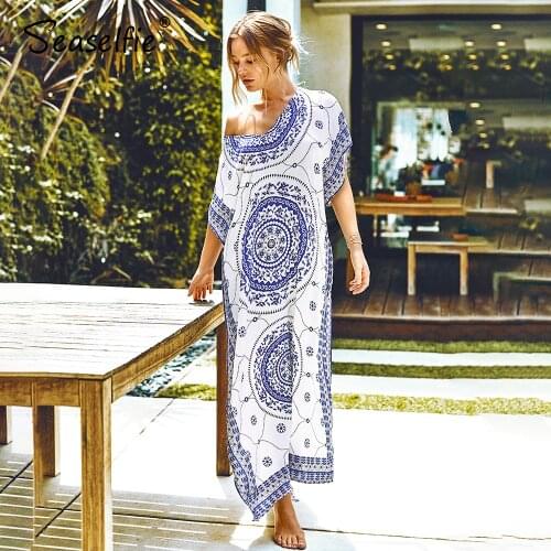 SEASELFIE Blue Boho Print Maxi Bikini Cover Up Sexy V-neck Long Kaftan Maxi Dress Covers Women 2021 Bathing Suit Beachwear