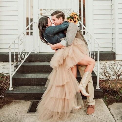 Champagne Hi-Lo Tutu Long Skirts for Women mujer faldas Tiered Female Tulle Skirts юбка femme jupes Zipper Back