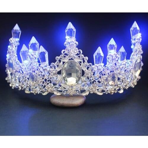 Women Crystal Floral Big Baroque LED Tiara Headdress Rhinestone Light Bride Crowns Wedding Bridal Hair Accessories BH