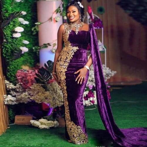 Gorgeous Velvet Evening Dresses With Cape robe de soiree Appliques Beads Plus Size Prom Dress Purple Aso Ebi вечернее платье