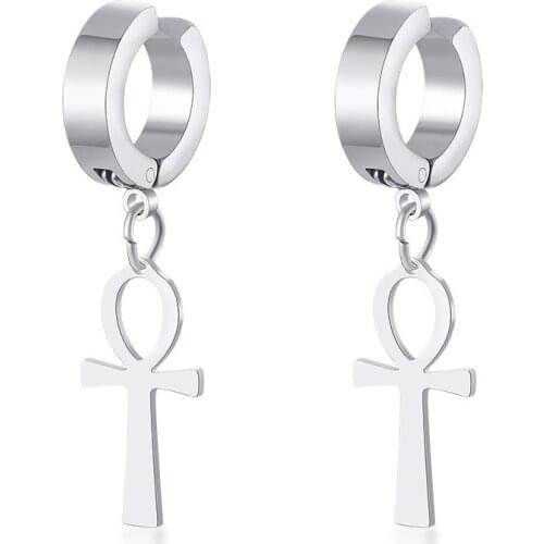 Vintage Ankh Cross Earrings for Men Woman Silver Color Tone Stainless Steel Dangle Earrings Unisex Accessory