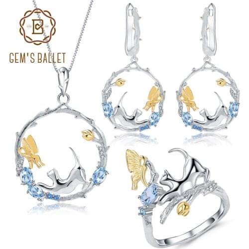 GEMS BALLET Natural Swiss Blue Topaz 925 Sterling Silver Handmade Cat & Butterfly Ring Earrings Pendant For Women Jewelry Sets
