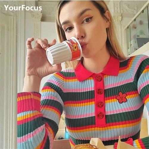 New fall preppy cute rainbow striped pull sweater flower embroidery tight short crop top women
