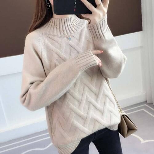 Womens Autumn Winter Solid Sweaters Long Sleeve Loose Ladies Jumper Casual Half Turtleneck Knitted Tops for Female Pullover