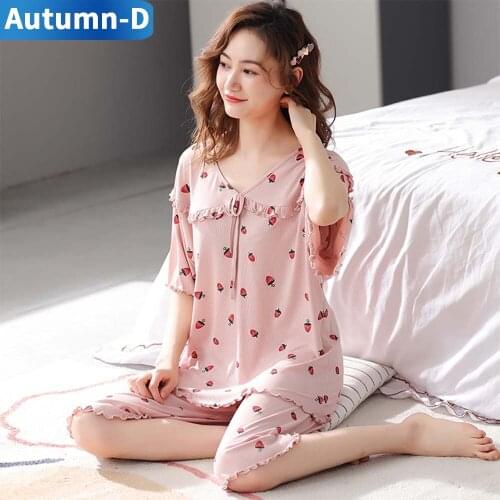 Women Pajamas Suit Strawberry Cartoon Modal Loose Comfortable V-Neck Half Sleeve Calf-Length Trousers Daily Home Sleepwear Set