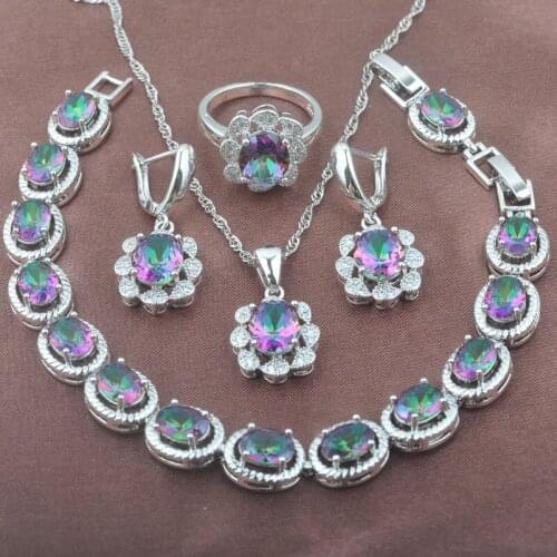 Womens Silver Plated Jewelry Sets 2020 New Multicolor Rainbow Zirconia Bracelet Necklace Pendant Earrings Ring YZ0403