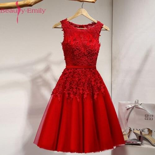 Beauty Emily Short Burgundy Beads Party Evening Dresses 2019 A Line Zipper Sleeveless O-Neck Formal Occasion Party Prom Dresses