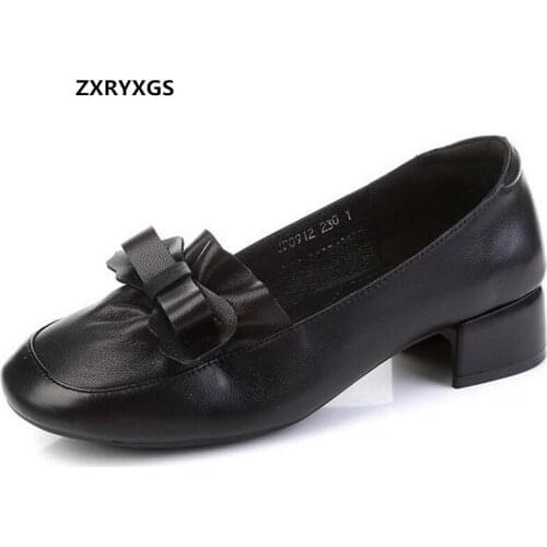 ZXRYXGS 2021 New High Quality Soft Cowhide Square Toe Bow Women Leather Shoes Woman Thick Heels Large Size Fashion Casual Shoes