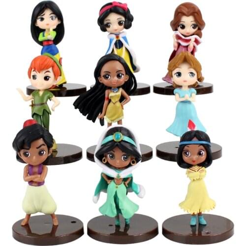 9pcs/Set Q Posket Princess Snow White Cinderella Mulan Tangled Aladdin Moana Peter Pan Sleeping Beauty Figure Model Toys Dolls
