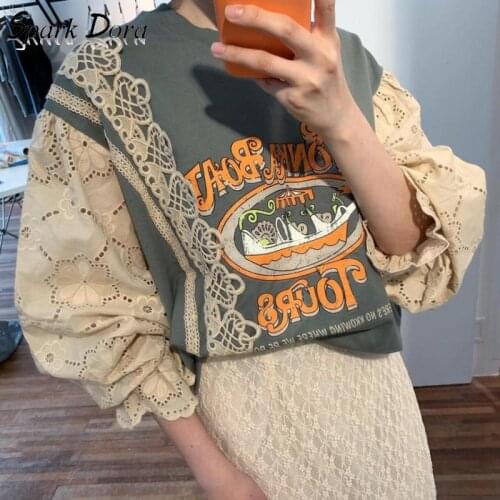 Free Shipping Spring Autumn Korean Fashion Leisure Cartoon Temperament Printed Lace Joint Hit Color Comfort Loose Hoodies Women