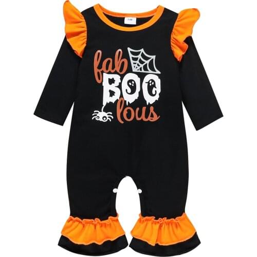 0-24M Baby Girls Halloween Romper Black Letters Spider Print Long Sleeve Jumpsuit O-neck Ruffle Autumn Casual Long Rompers